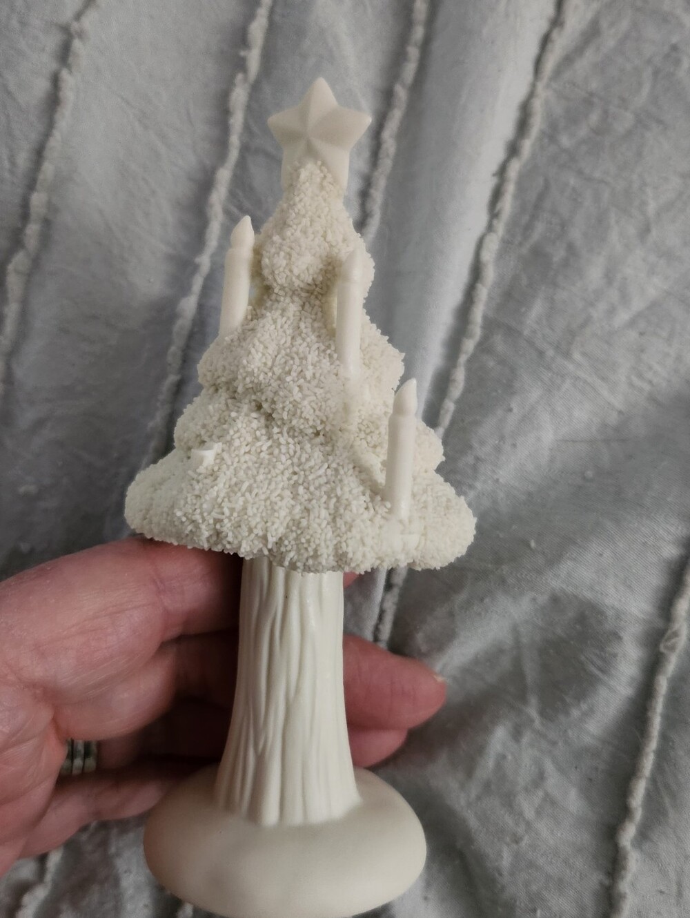 Ivory Ceramic Christmas Tree Figurine with Candles As Is Missing A Candle Snow
